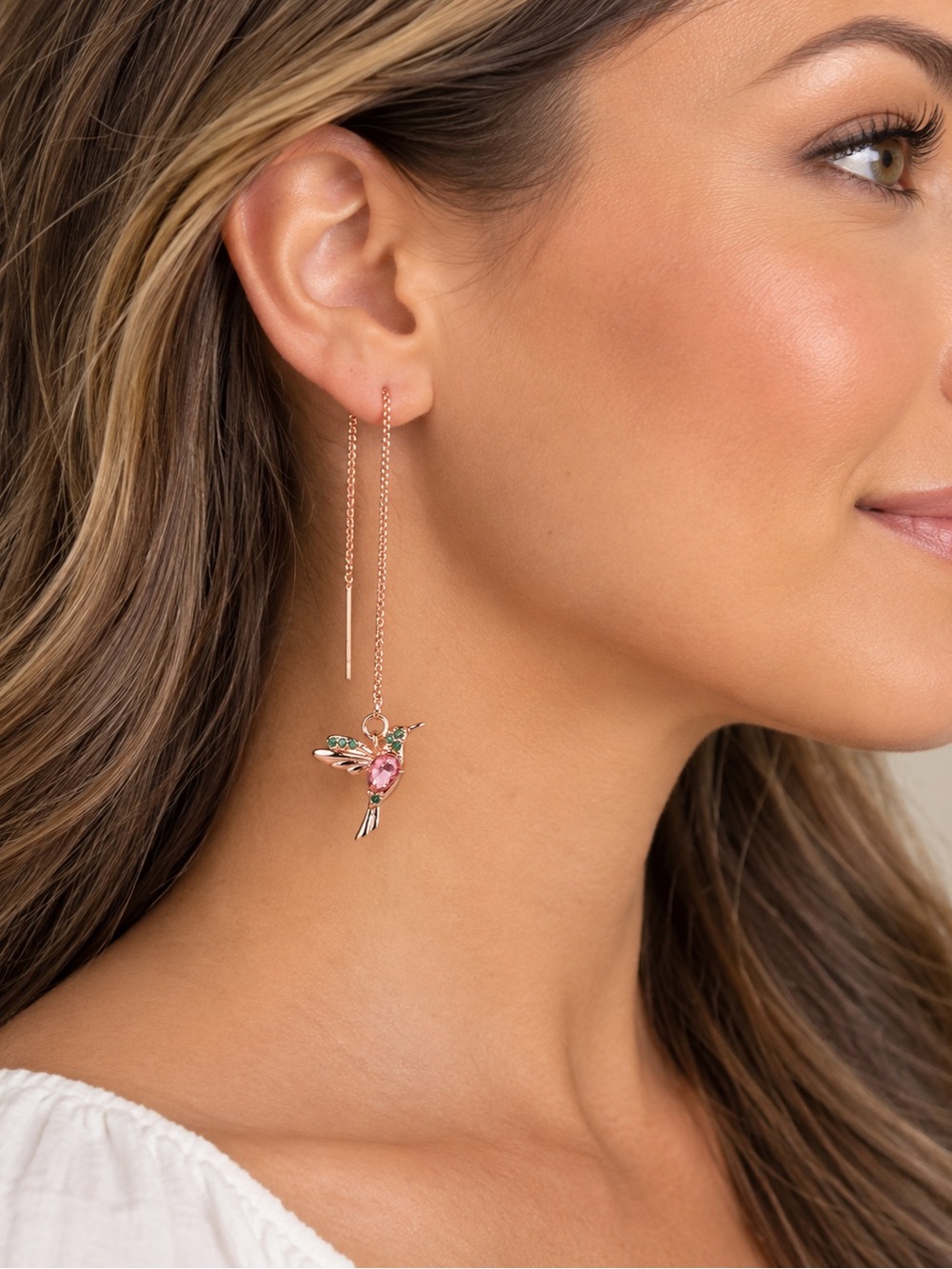 Rose Gold Color Threader Hummingbird Drop Earrings - NWT